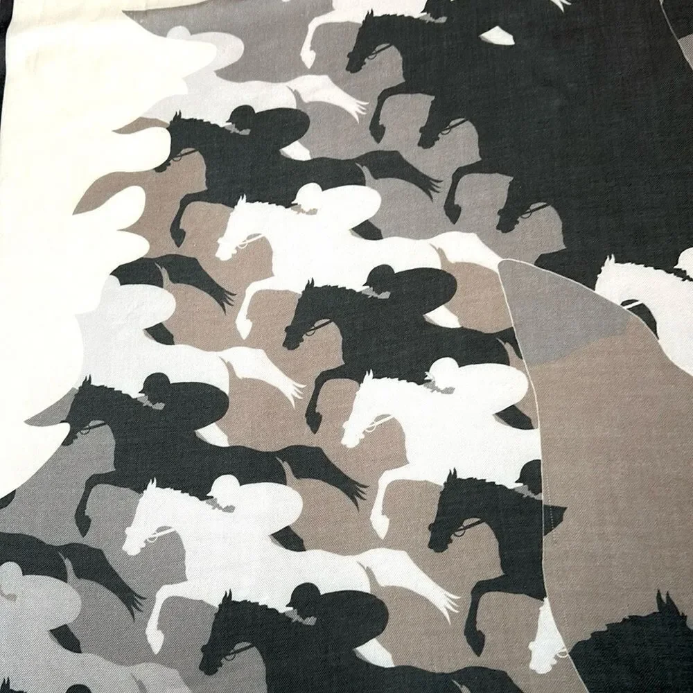 RANI ARABELLA Horse Racing Scarf Shawl Beige Taupe Cashmere Silk Wool ITALY 51”